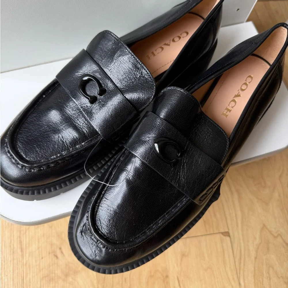Coach Black Leather Lug Sole Penny Loafers